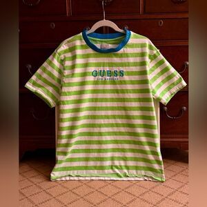 GUESS Loos Angeles green and blue striped thshirt NWOT M